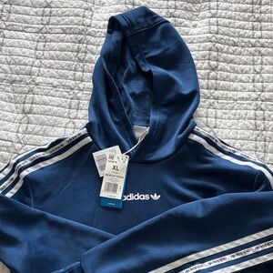Boys adidas Navy Hooded Sweatshirt with White Stripe Tape
